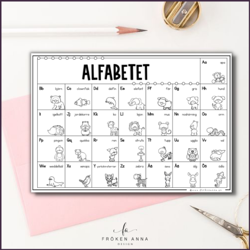 Alfabetet poster med djur i färg och svartvitt