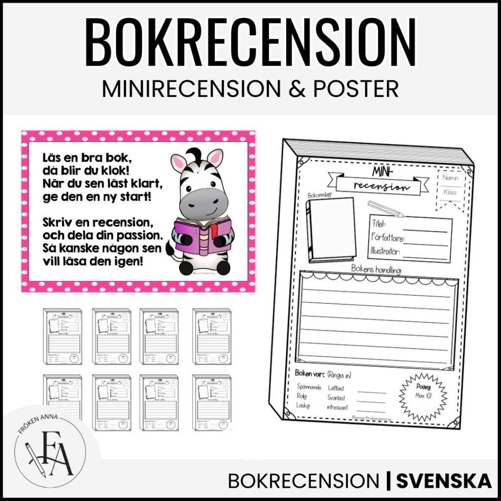 Minirecension | BokrecensioMinirecension är en enkel och elevvänlig mall för bokrecension som hjälper elever att sammanfatta och reflektera över en bok på ett strukturerat sätt. Mallen fokuserar på det viktigaste i en recension och passar perfekt när eleverna ska träna på att uttrycka åsikter, återberätta innehåll och motivera sina tankar. Materialet är utformat för åk 1–3 och är särskilt uppskattat när man vill arbeta med läsförståelse och skrivande utan att uppgiften känns för omfattande. Perfekt för klassrumsväggar, läsprojekt och boktips.