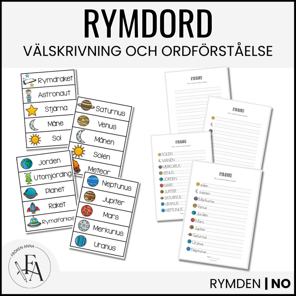 Rymdord och arbetsblad (Ordkunskap, välskrivning, memory