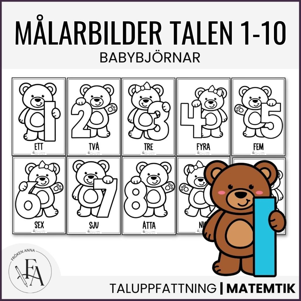 Målarbilder 0-10 med söta björnar