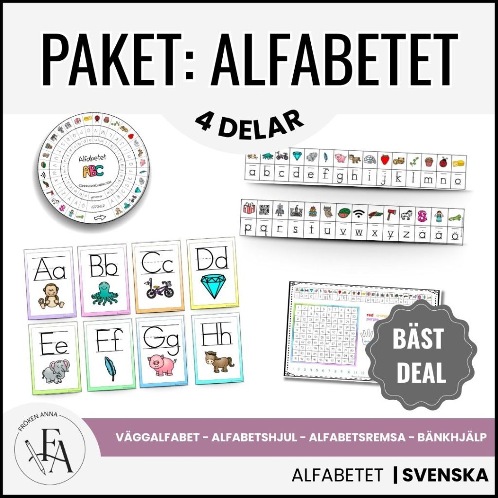 ABC-paket mini | Väggalfabet, alfabetsremsa, bänkhjälp & alfabetshjul
