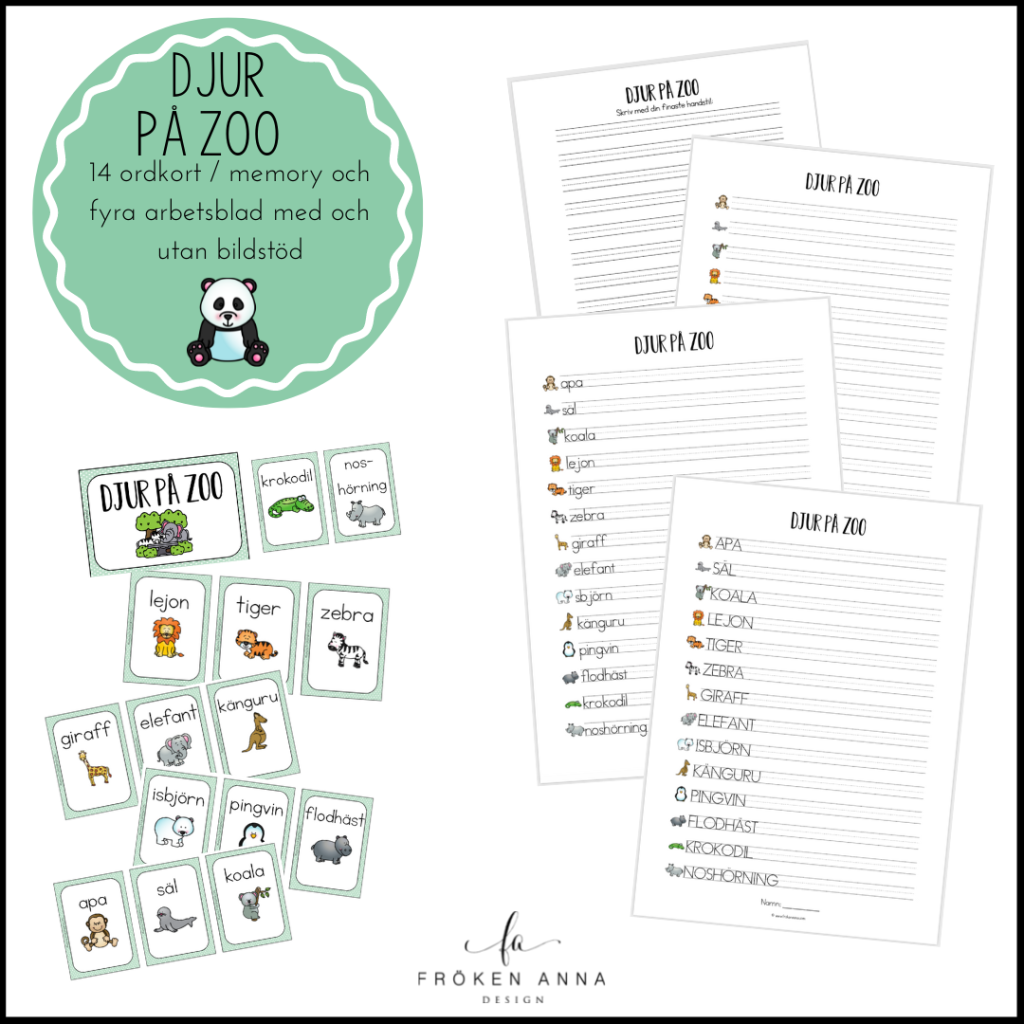 Djur på Zoo (Ordkunskap, välskrivning, memory)