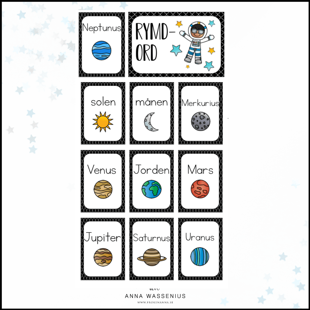 Rymdord och arbetsblad (Ordkunskap, välskrivning, memory)