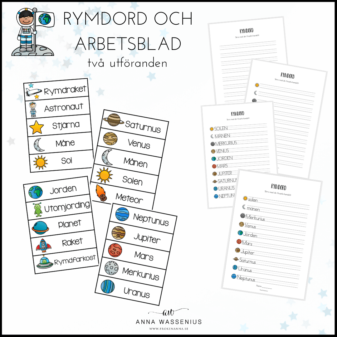 Rymdord och arbetsblad (Ordkunskap, välskrivning, memory)