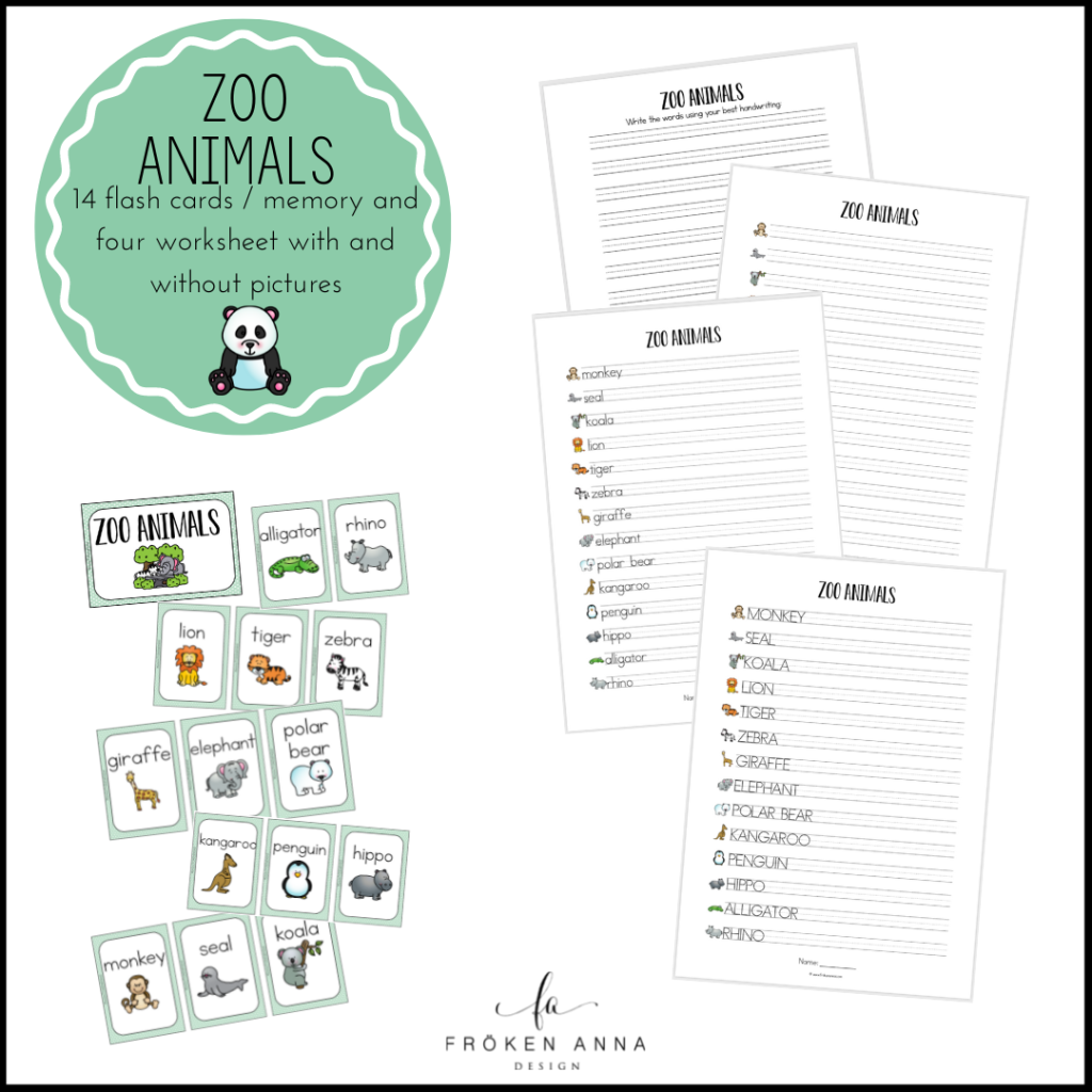 Zoo animals (Ordkunskap, välskrivning, memory)