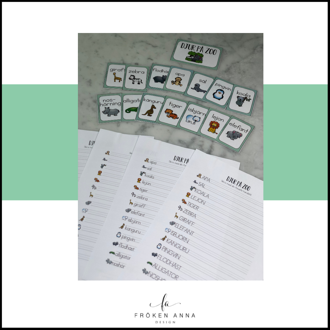 Djur på Zoo (Ordkunskap, välskrivning, memory)