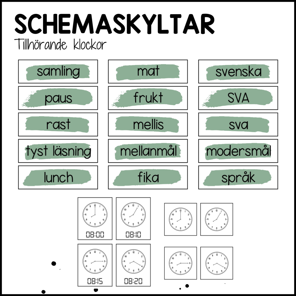 GREEN paket: schema + klockor