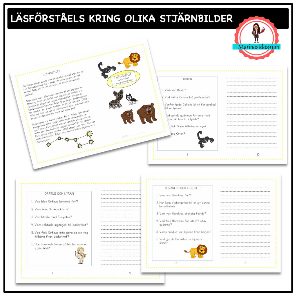 Läsförståelse-häfte till berättelser kring olika stjärnbilder