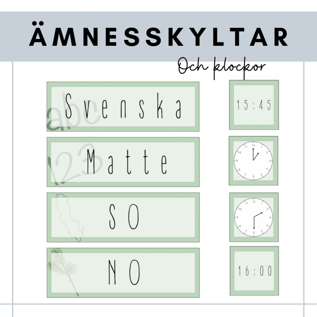 Ämnesskyltar med klockor