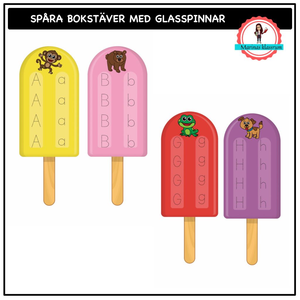 Spårkort till bokstäverna med glasspinnar