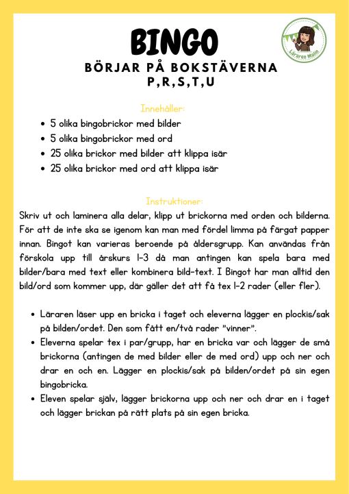 Lässpel- Bingo & Lotto med bokstäverna PRSTU
