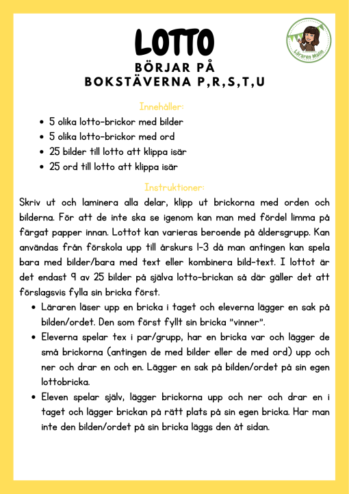 Lässpel- Bingo & Lotto med bokstäverna PRSTU