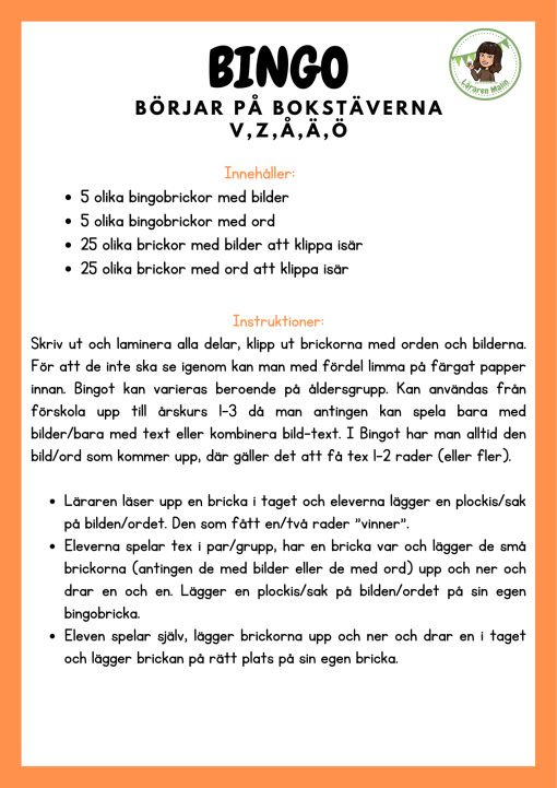 Lässpel- Bingo & Lotto med bokstäverna VXZÅÄÖ