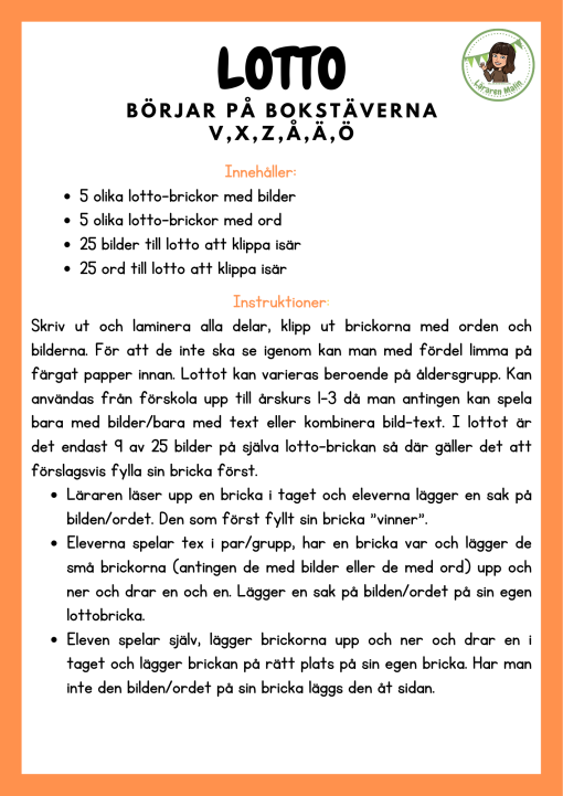 Lässpel- Bingo & Lotto med bokstäverna VXZÅÄÖ