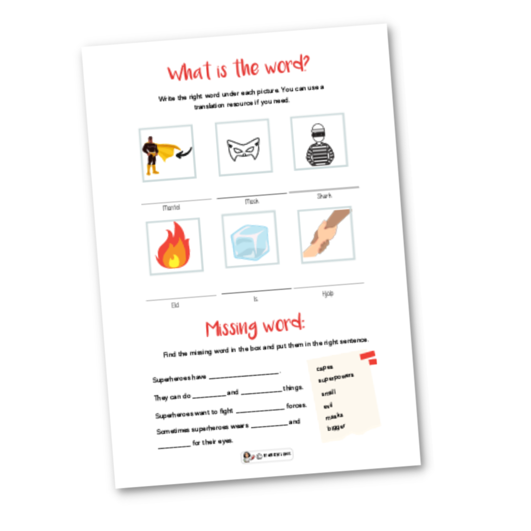 Superheroes - reading and writing worksheet