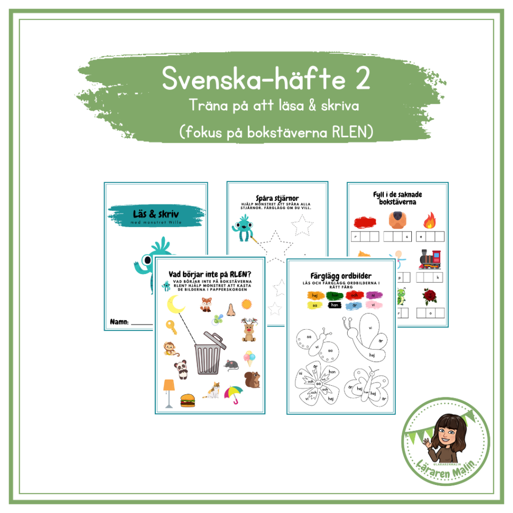 Svenska-häfte 2 (bokstäverna RLEN) – träna på bokstäver, läsa, skriva