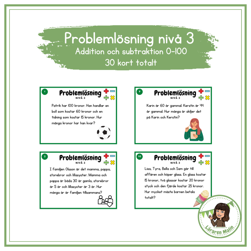 Problemlösning nivå 3 (addition och subtraktion 0-100)