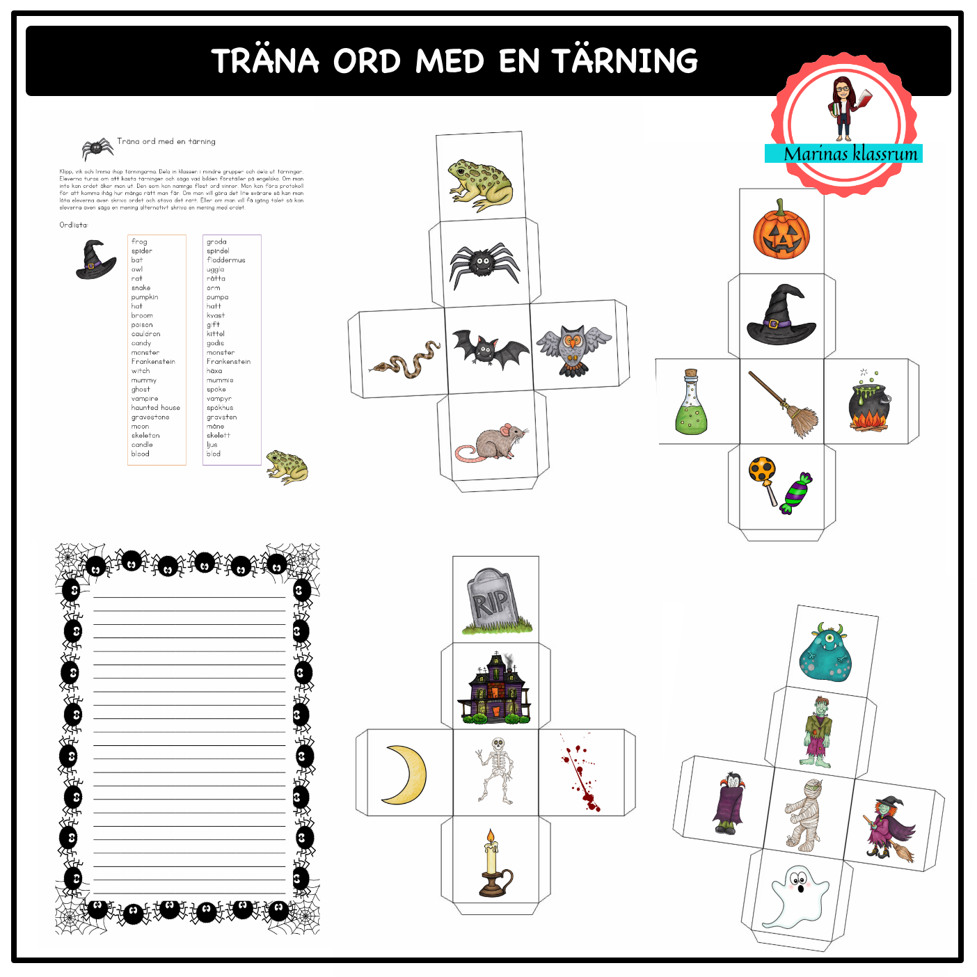 Träna ord och meningar med en tärning - Halloween / sv eller eng