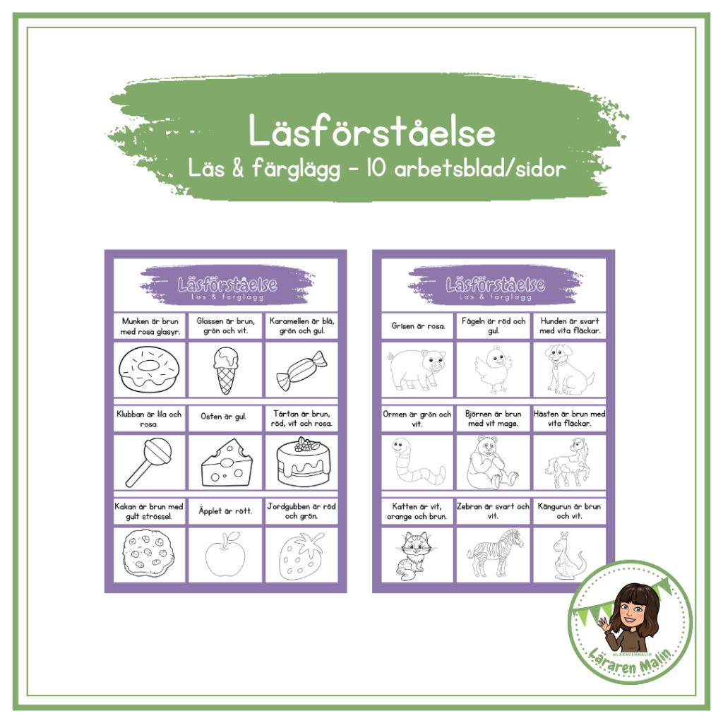 Läsförståelse- läs och färglägg 10 arbetsblad