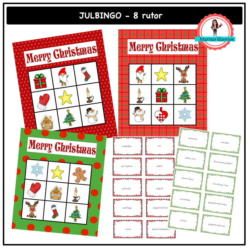 Julbingo 8 rutor – svenska + engelska