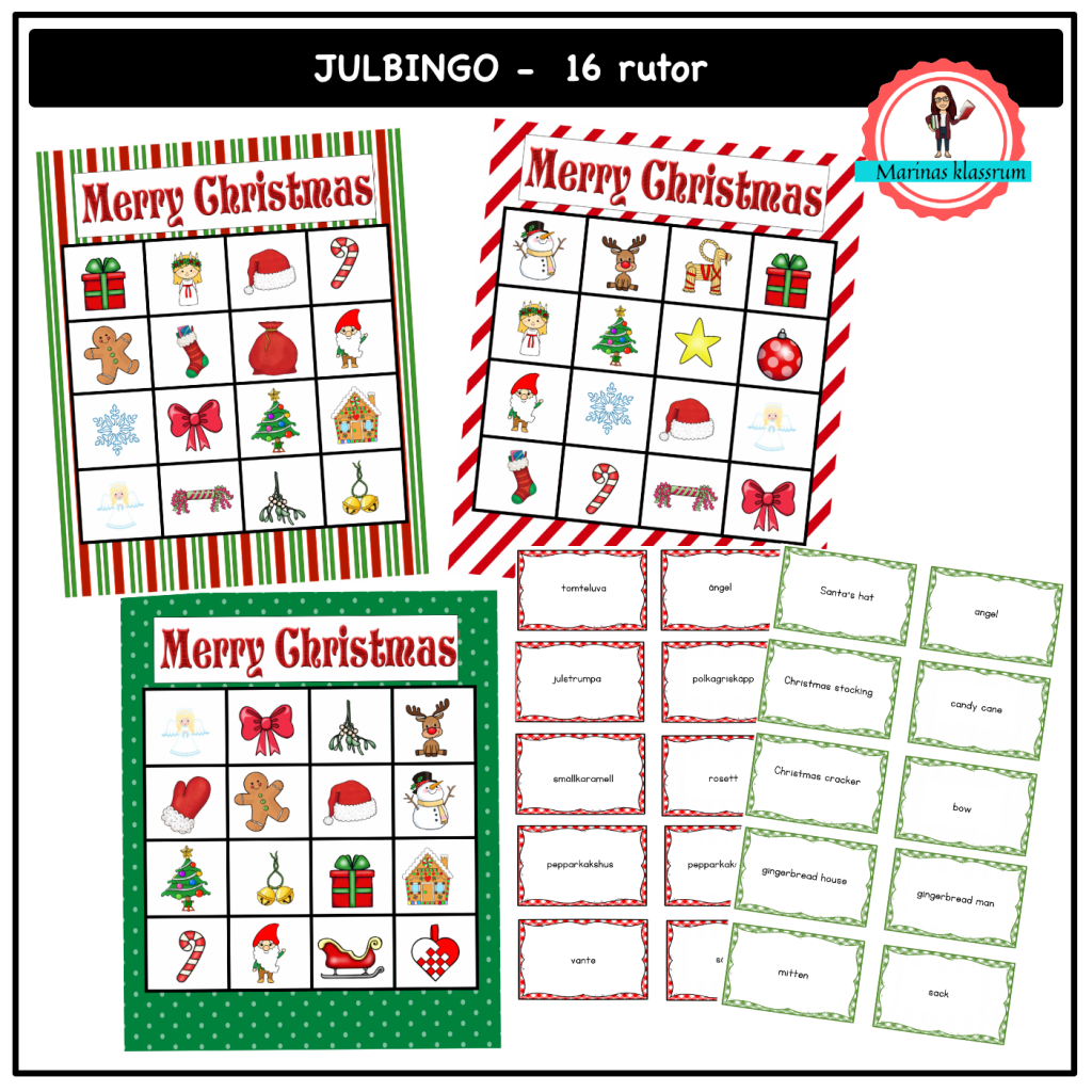Julbingo 16 rutor – svenska + engelska
