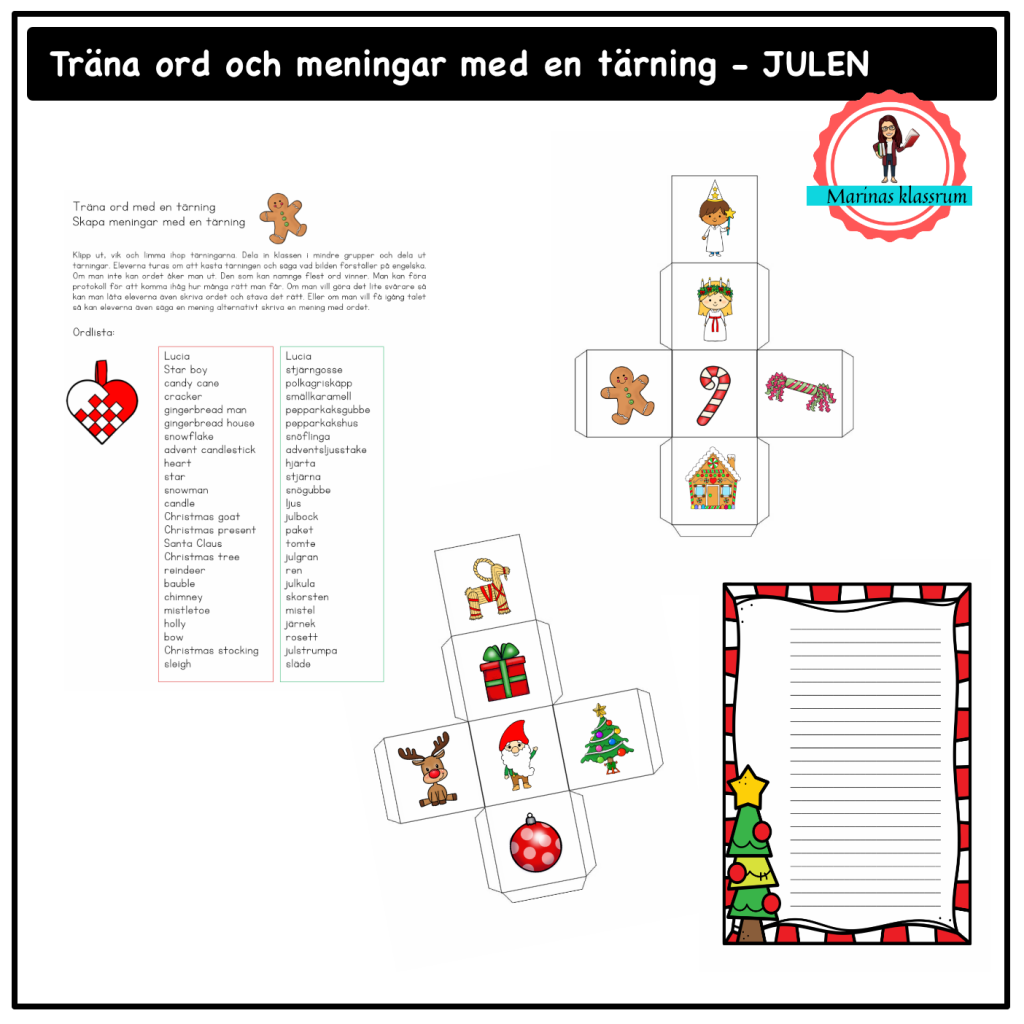 Träna ord och meningar med en tärning JULEN – svenska + engelska