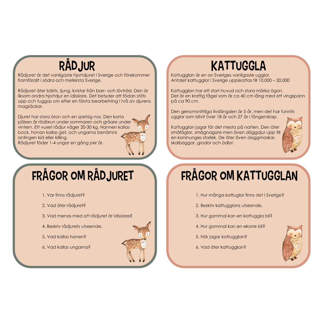 Djur i Norden - läskort med tillhörande frågor