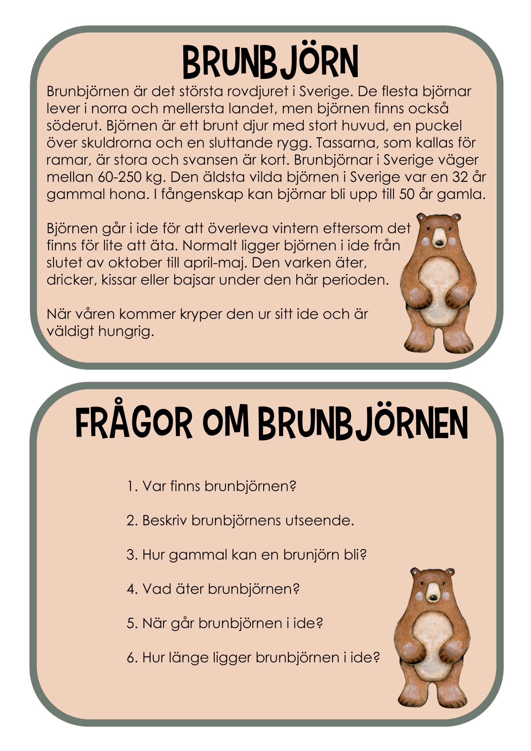 Djur i Norden - läskort med tillhörande frågor