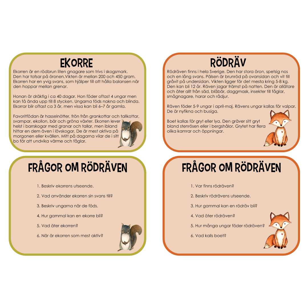 Djur i Norden - läskort med tillhörande frågor