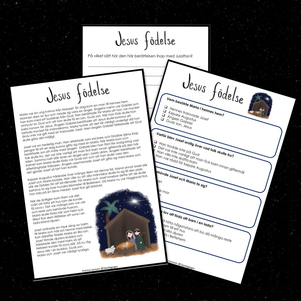 Jesus födelse – läsförståelse och skrivblad