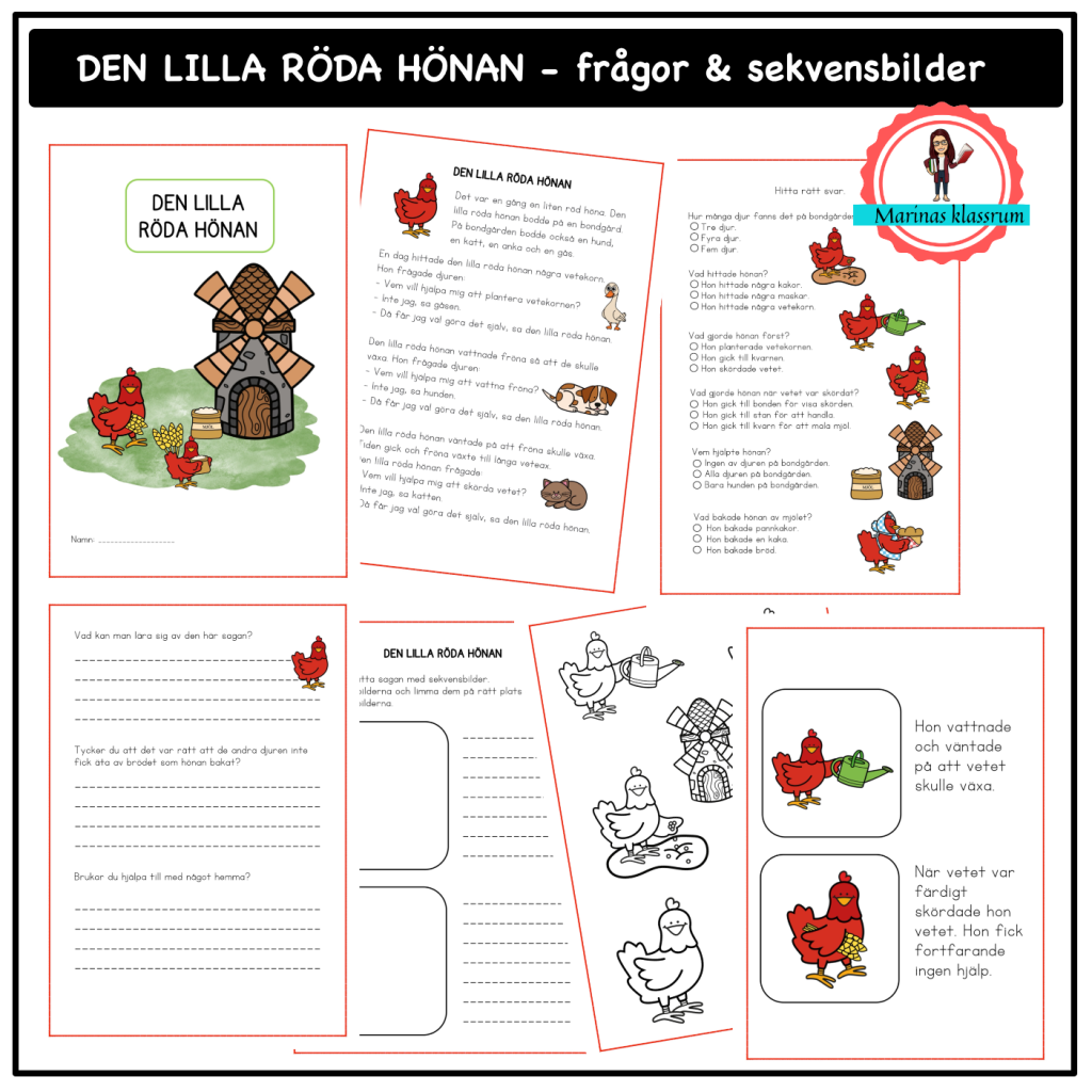 Den lilla röda hönan – frågor och sekvensbilder / svenska + engelska