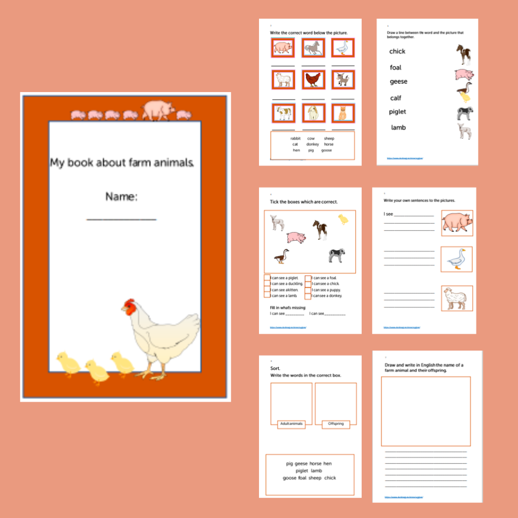 Workbook about farm animals.