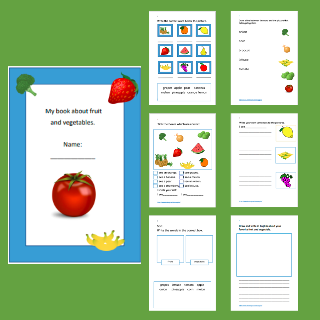 Workbook about fruit and vegetables.