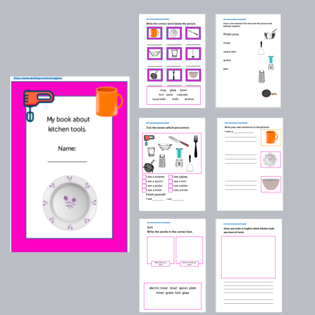 Workbook about kitchen tools.