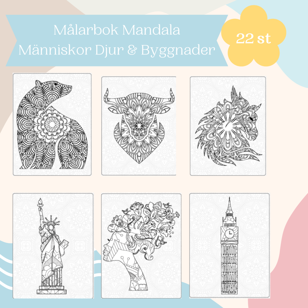 Målarbok mandala djur, människor & byggnader