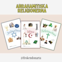 Abrahamitiska religionerna helt arbetsområde (3 texthäften med frågor/uppgifter + begreppskort + instuderingsfrågor + 2 prov)