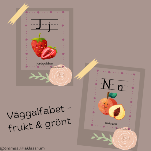 Väggalfabet - frukt & grönt (med stödlinjer)