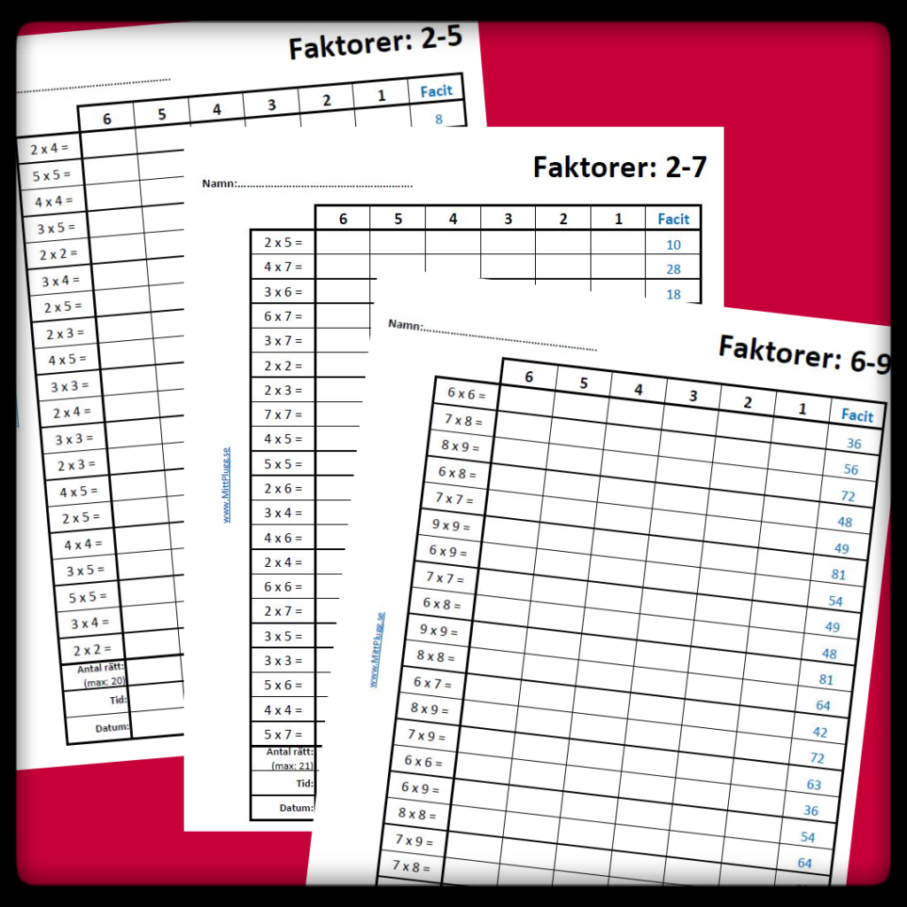 Multiplikation – 3 st Vikblad med Facit
