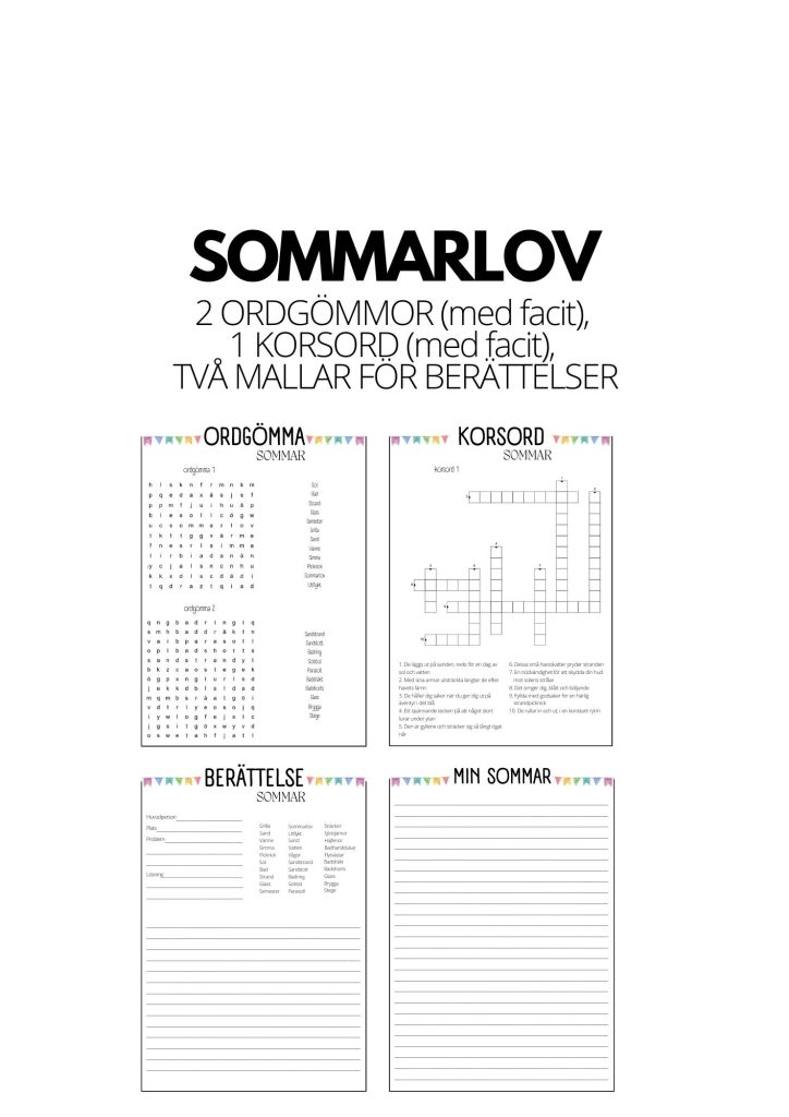 Sommarlov – 2 ordgömmor (+facit), 1 korsord (+facit), 2 mallar för berättelse