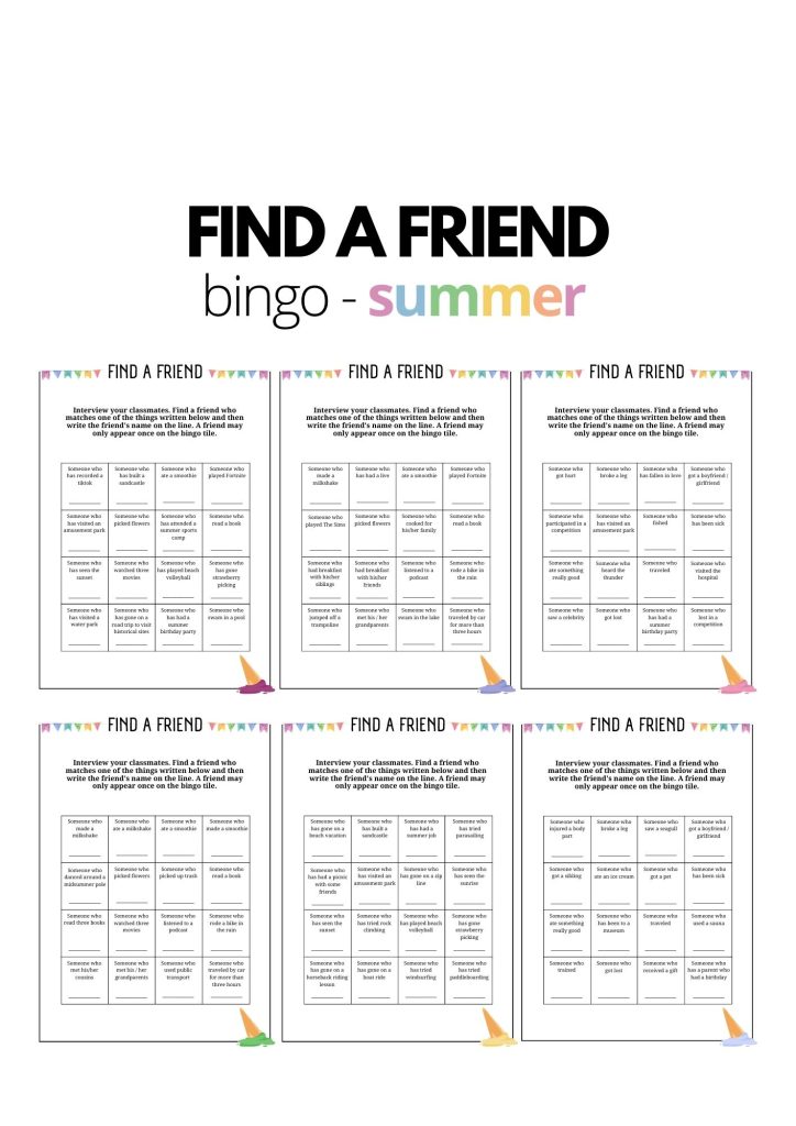 Find a friend – 13 bingo tiles with the theme summer