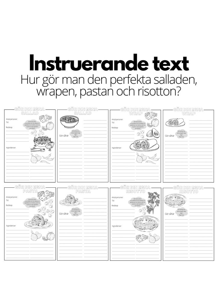 Instruerande text – 4 st olika mallar – A4 – sallad, wrap, pasta och risotto