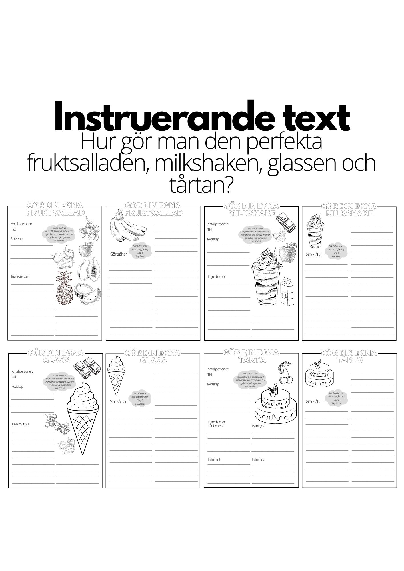 Instruerande text - 4 st olika mallar - A4 - fruktsallad, milkshake, glass och tårta