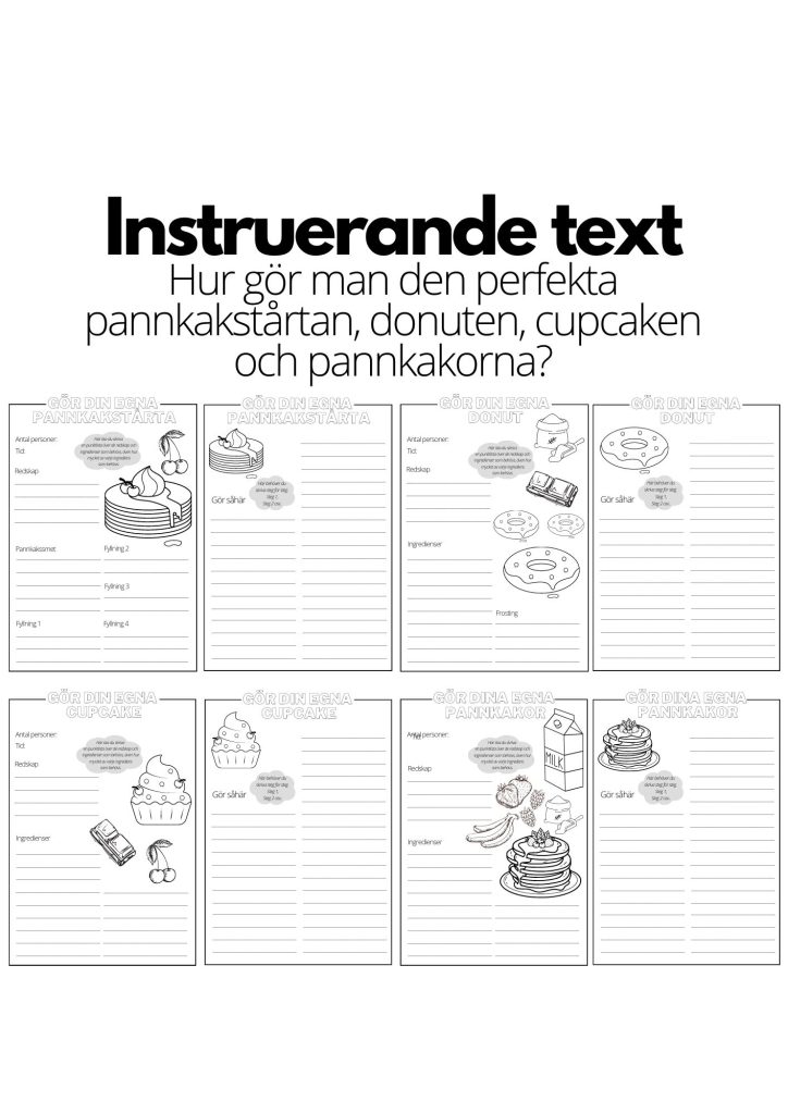 Instruerande text – 4 st olika mallar – pannkakstårta, donut, cupcake och pannkakor