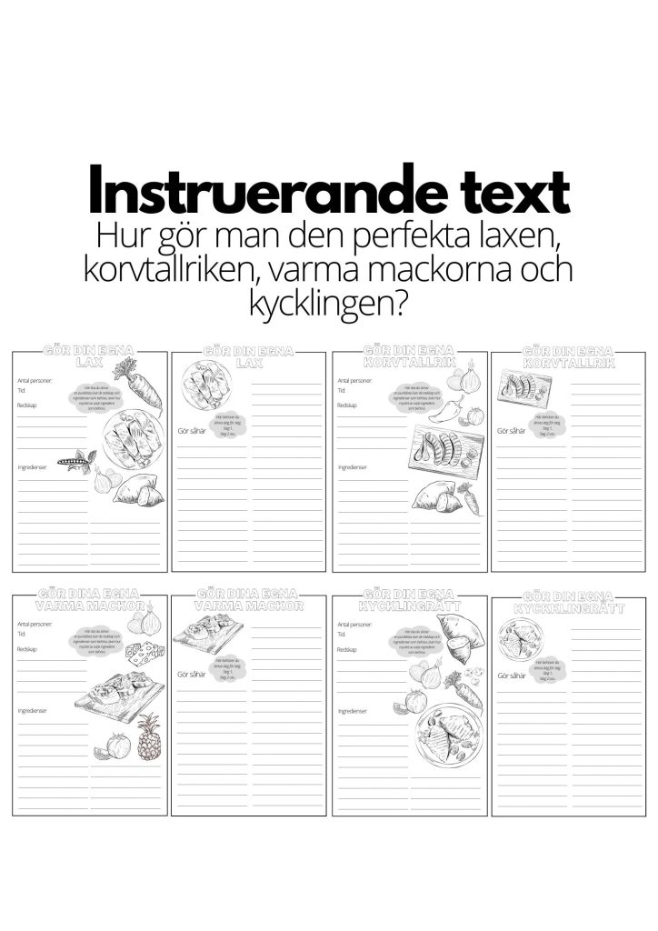 Instruerande text – 4 st olika mallar – lax, korvtallrik, varma mackor och kyckling