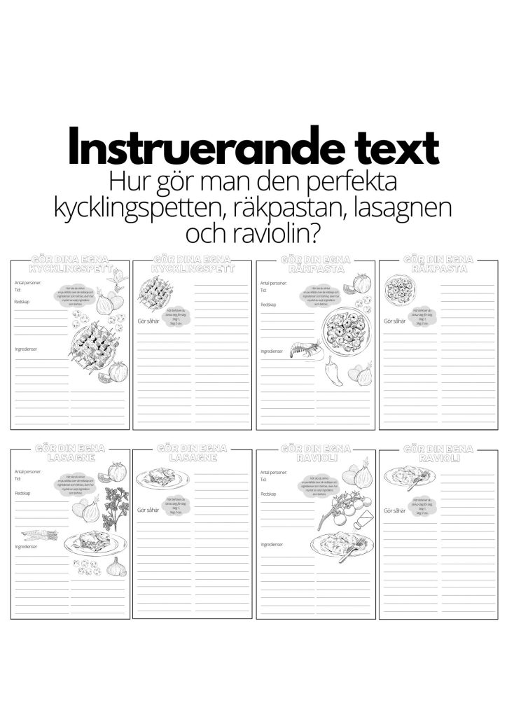 Instruerande text – 4 st olika mallar – kycklingspett, räkpasta, lasagne och ravioli