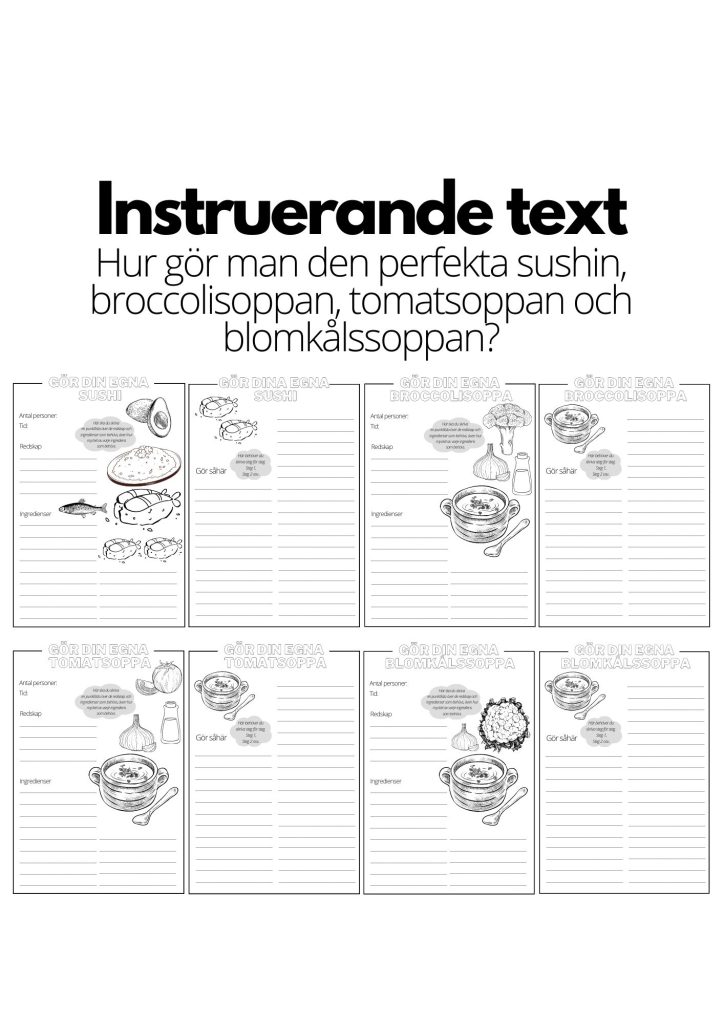 Instruerande text – 4 st olika mallar – sushin, broccolisoppa, tomatsoppa och blomkålssoppa