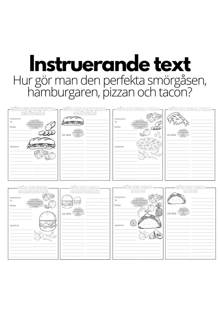 Instruerande text – 4 st olika mallar – A4 – smörgås, hamburgare, pizza och taco