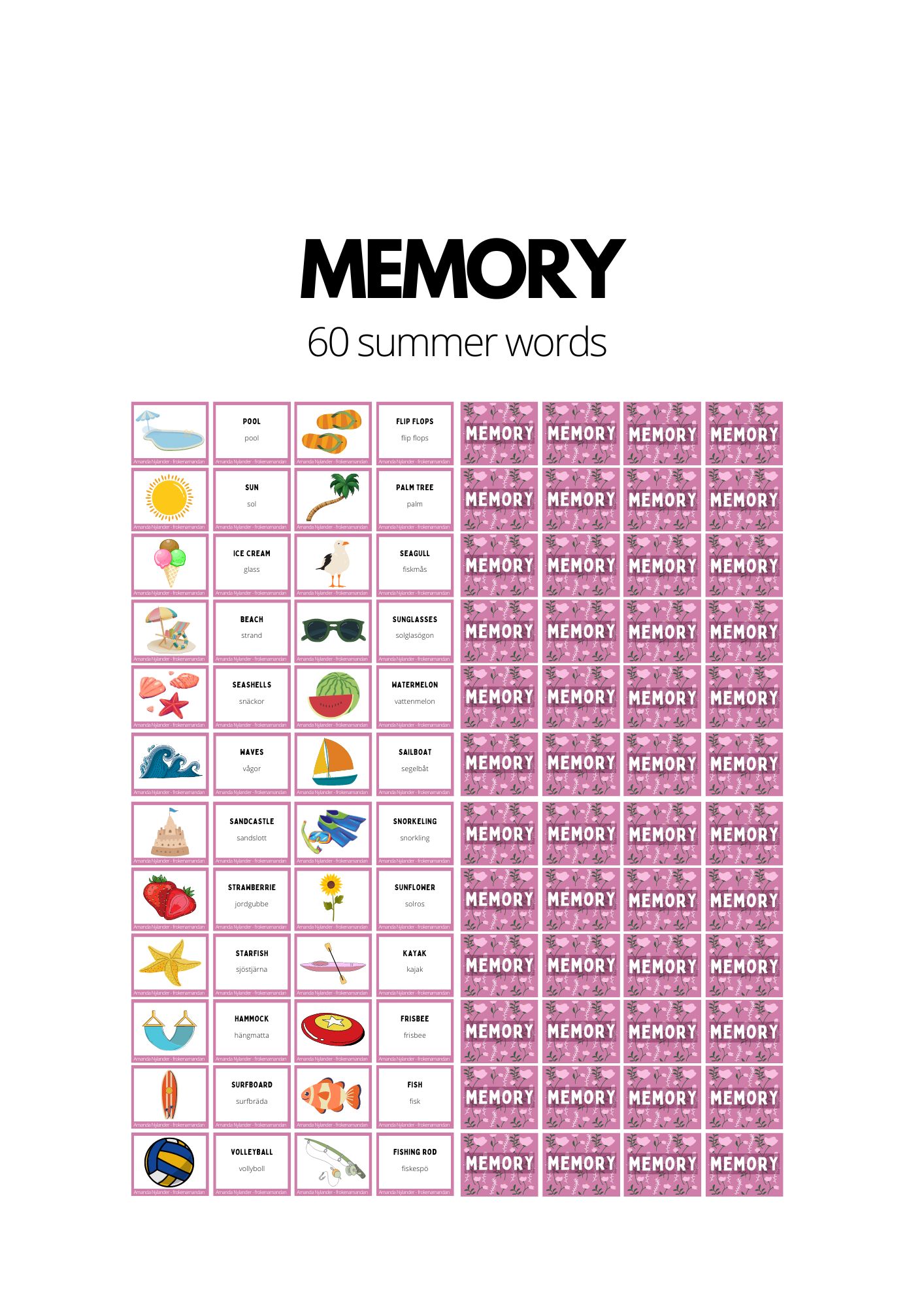 Summer memory - 60 words - engelska och svenska