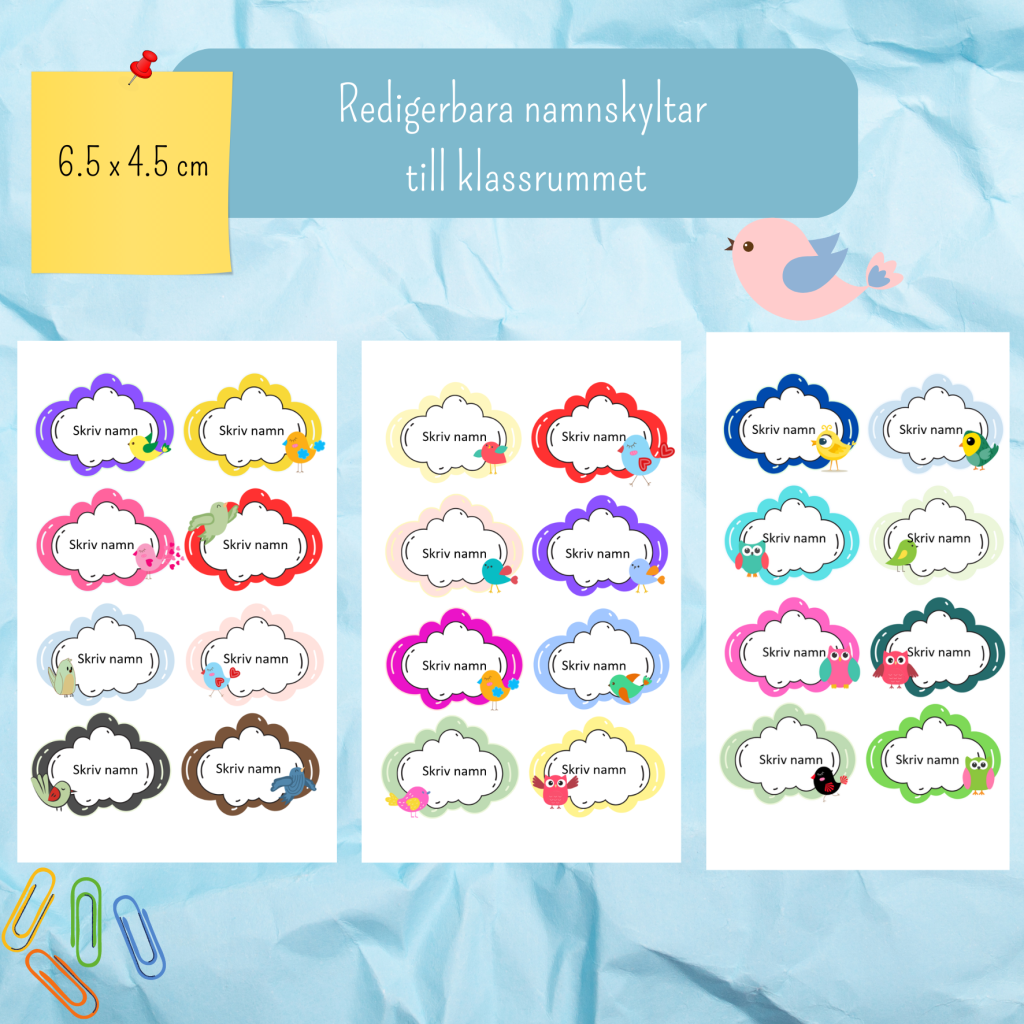 Namnskyltar redigeringsbar med fåglar