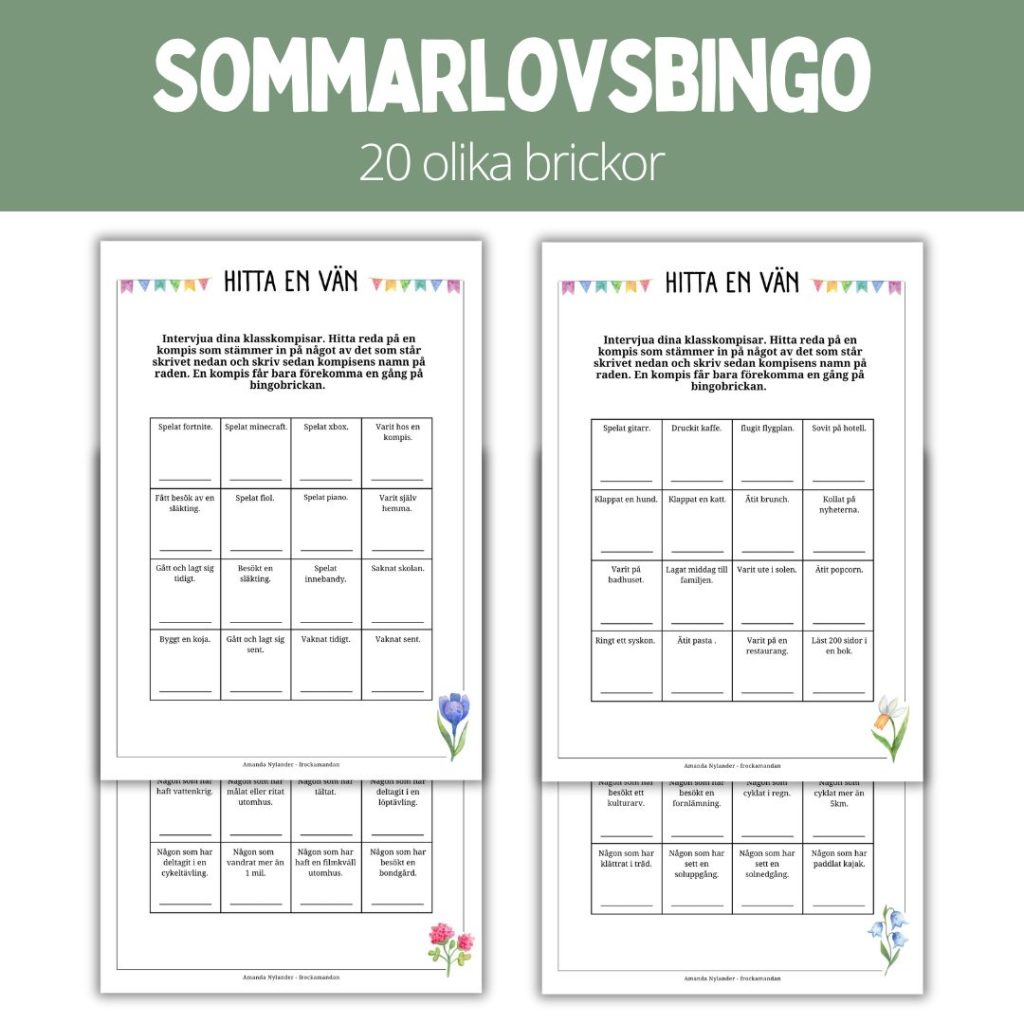 Hitta en kompis – bingo sommarlov – 20 bingobrickor
